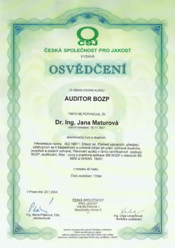 Osvědčení auditora BOZP OHSAS 18001 Osvědčení auditora BOZP OHSAS 18001