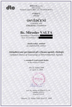 Osvědčení semináře povinností při výkonu agendy ekologie Osvědčení semináře povinností při výkonu agendy ekologie