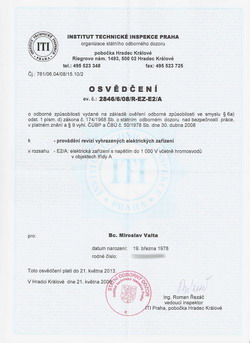 Osvědčení o odborné způspbilosti revizního technika elektro Osvědčení o odborné způspbilosti revizního technika elektro